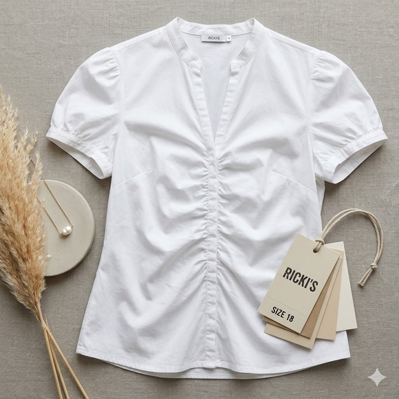 Ricki's Tops - Ricki's Sz 18 White Mandarin Collar Ruched V-Neck Puff Sleeve Blouse Minimalist